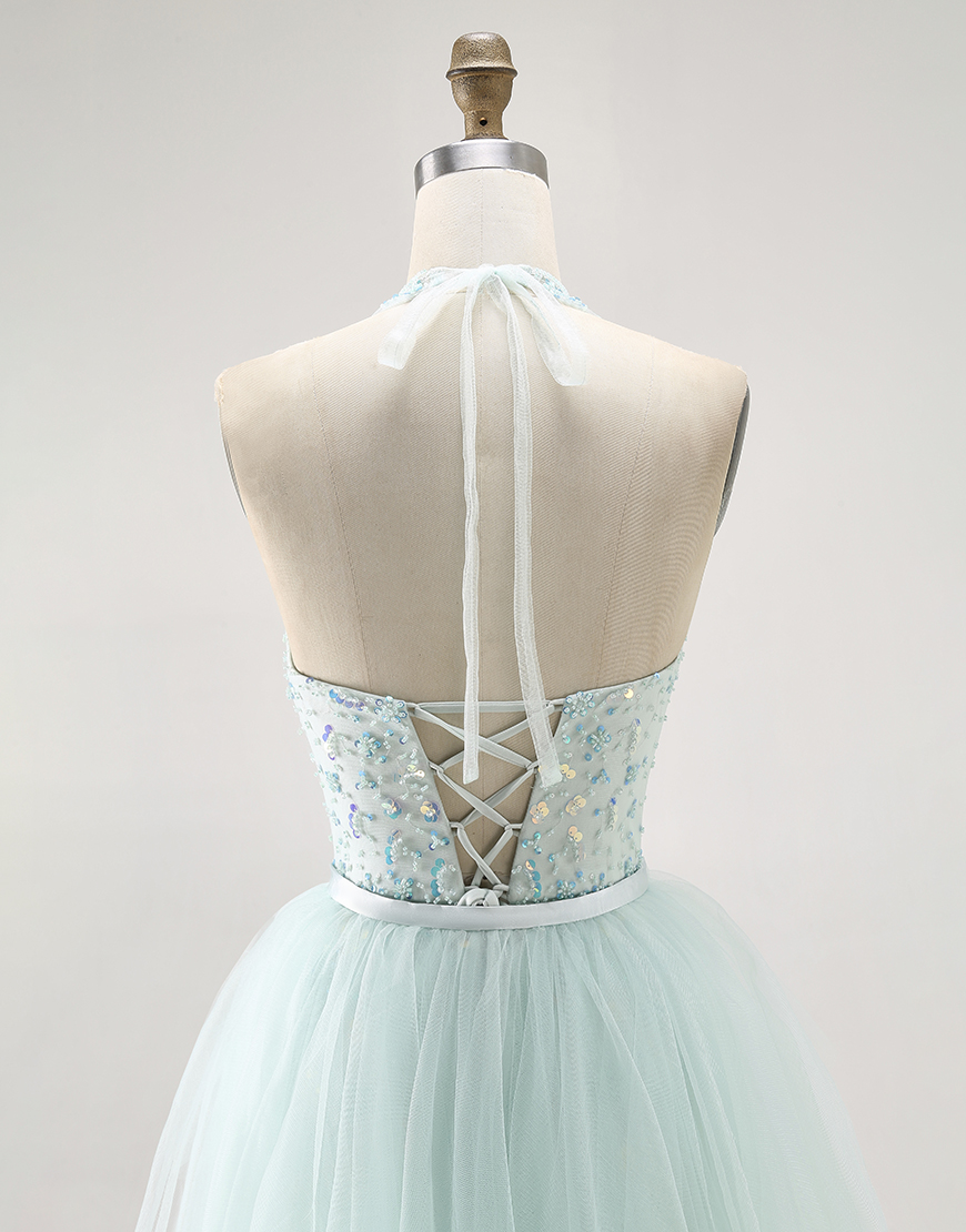 Sparkly Light Green Halter Long Detachable Train Prom Dress with Beading