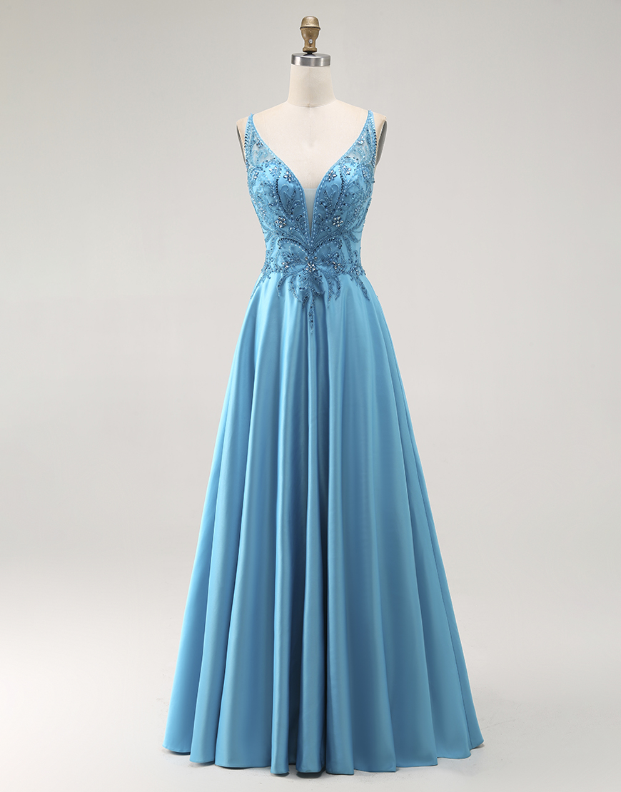 Sparkly Blue A Line Long Satin Prom Dress with Beading