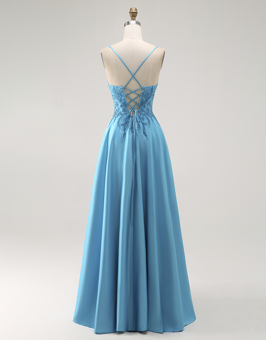 Sparkly Blue A Line Long Satin Prom Dress with Beading