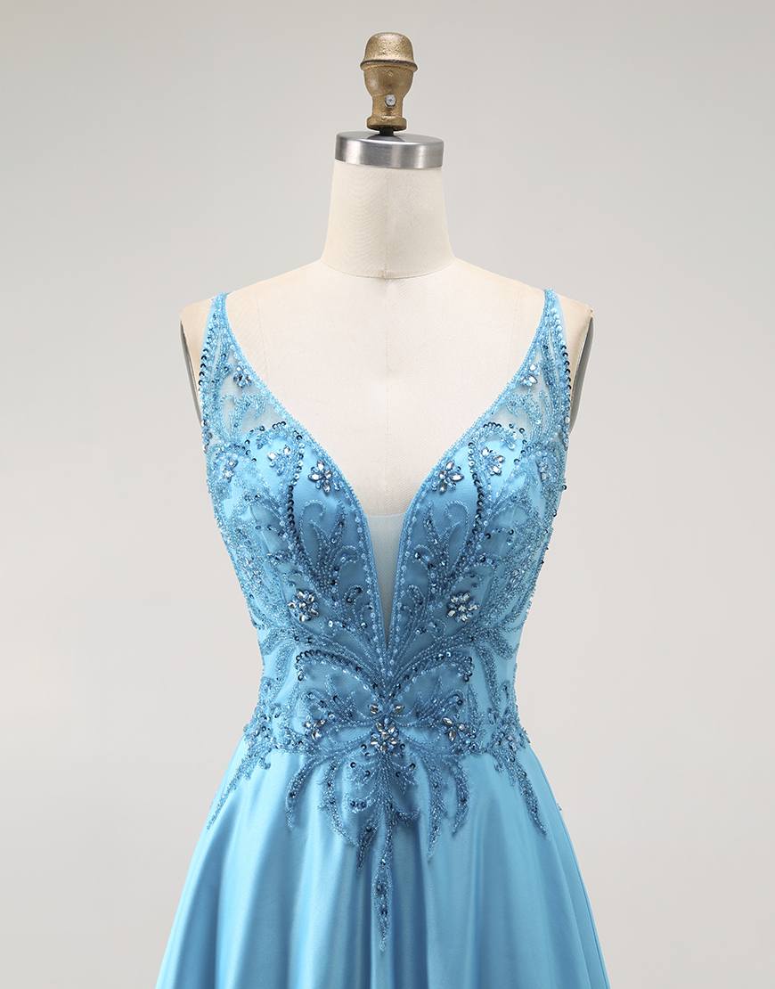 Sparkly Blue A Line Long Satin Prom Dress with Beading