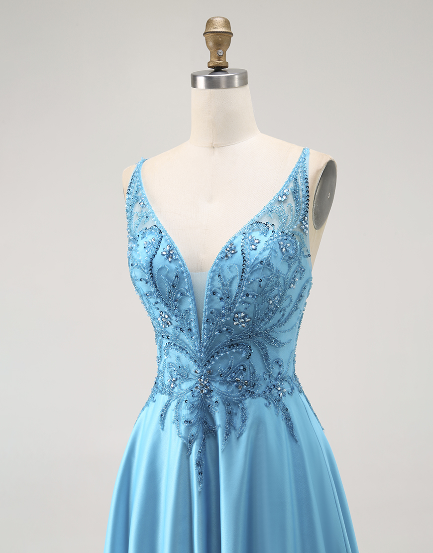 Sparkly Blue A Line Long Satin Prom Dress with Beading