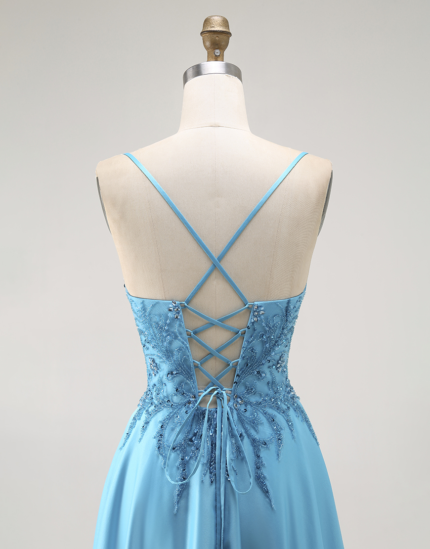 Sparkly Blue A Line Long Satin Prom Dress with Beading