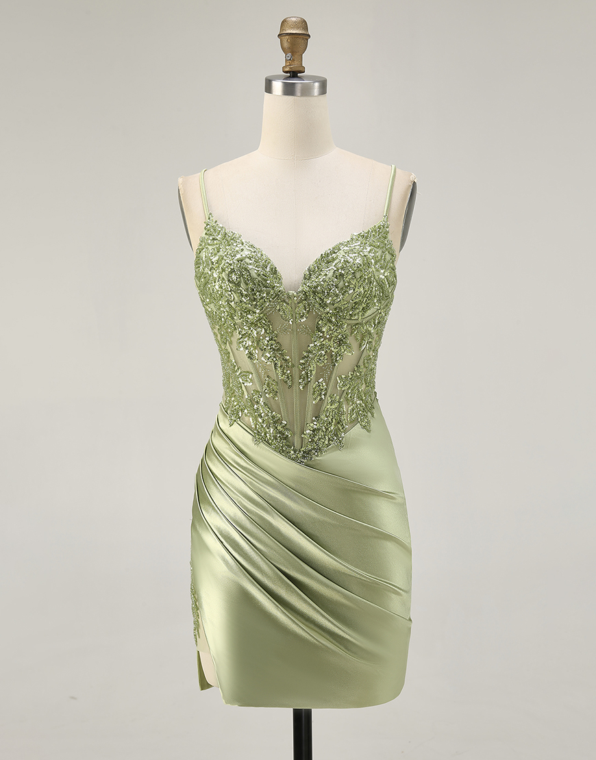 Sage Green Satin Spaghetti Straps Short Corset Homecoming Dress with Appliques