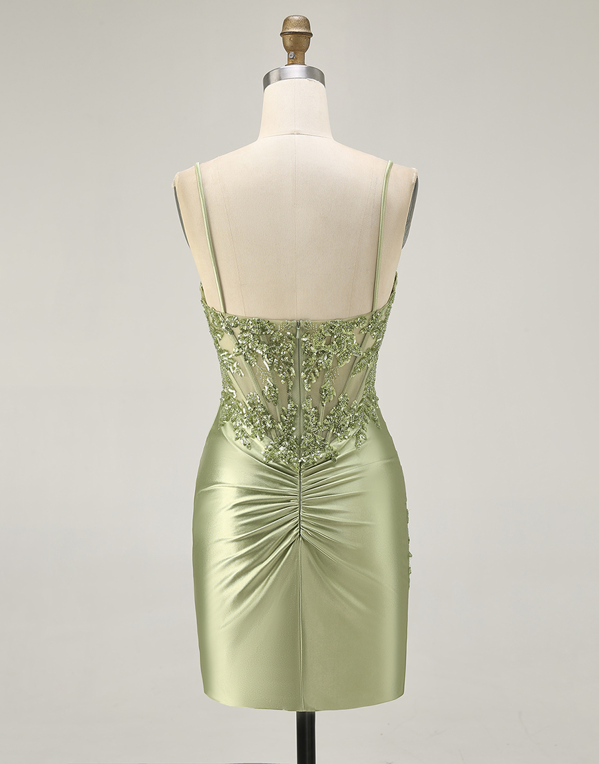 Sage Green Satin Spaghetti Straps Short Corset Homecoming Dress with Appliques
