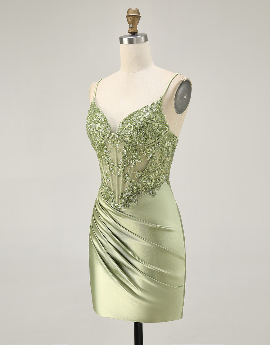 Sage Green Satin Spaghetti Straps Short Corset Homecoming Dress with Appliques