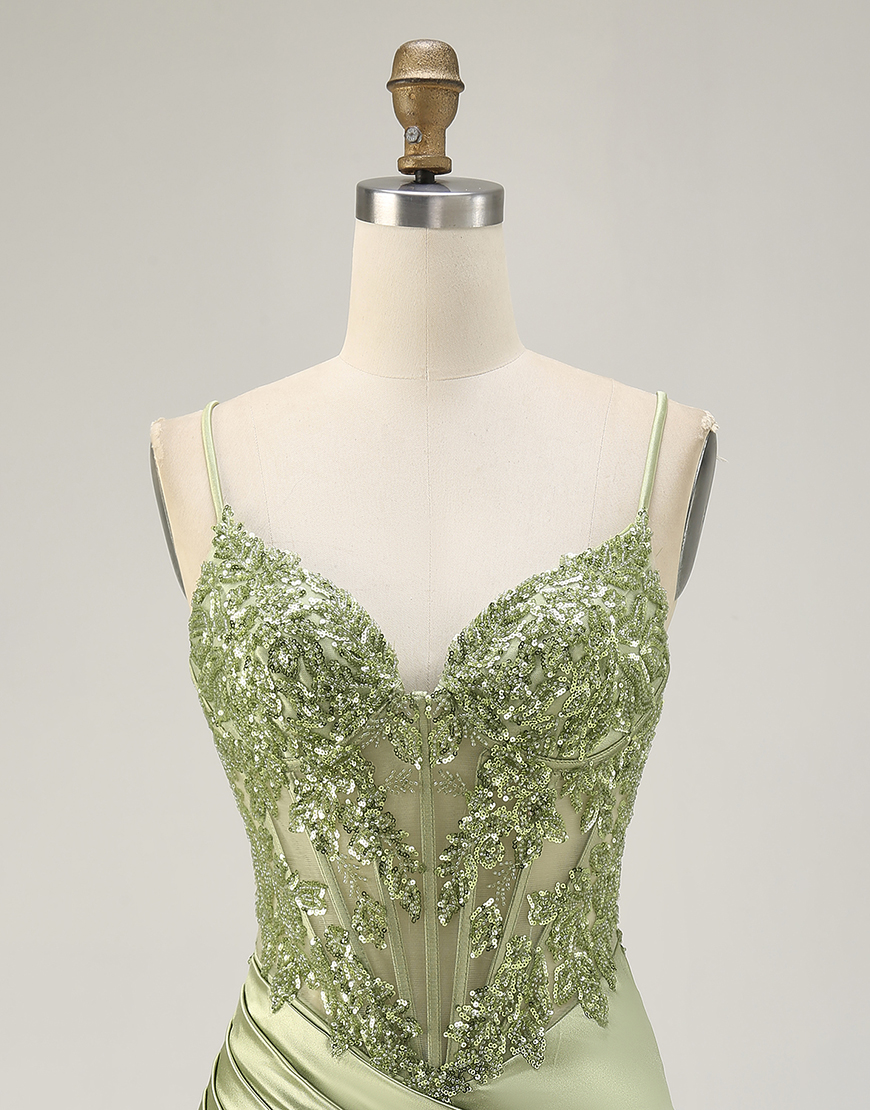 Sage Green Satin Spaghetti Straps Short Corset Homecoming Dress with Appliques