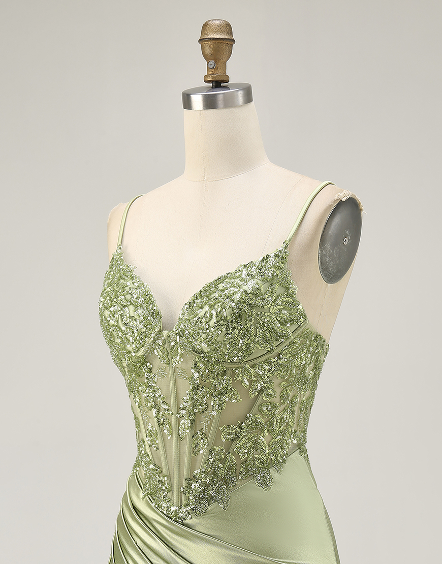 Sage Green Satin Spaghetti Straps Short Corset Homecoming Dress with Appliques