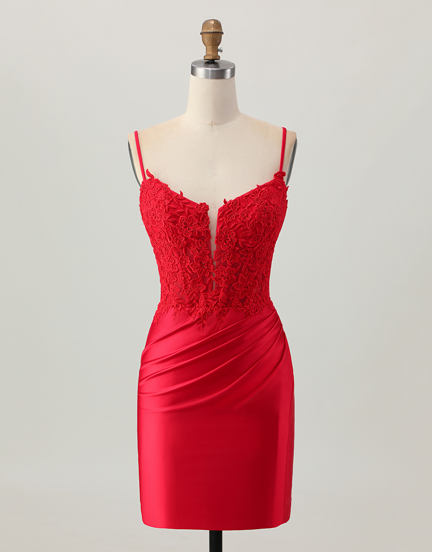 Dark Red Corset Short Satin Tight Homecoming Dress with Lace