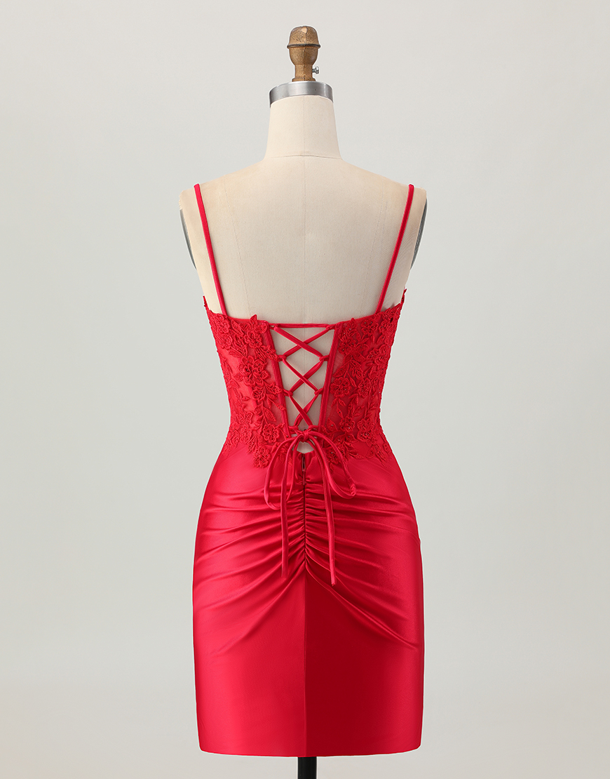 Dark Red Corset Short Satin Tight Homecoming Dress with Lace