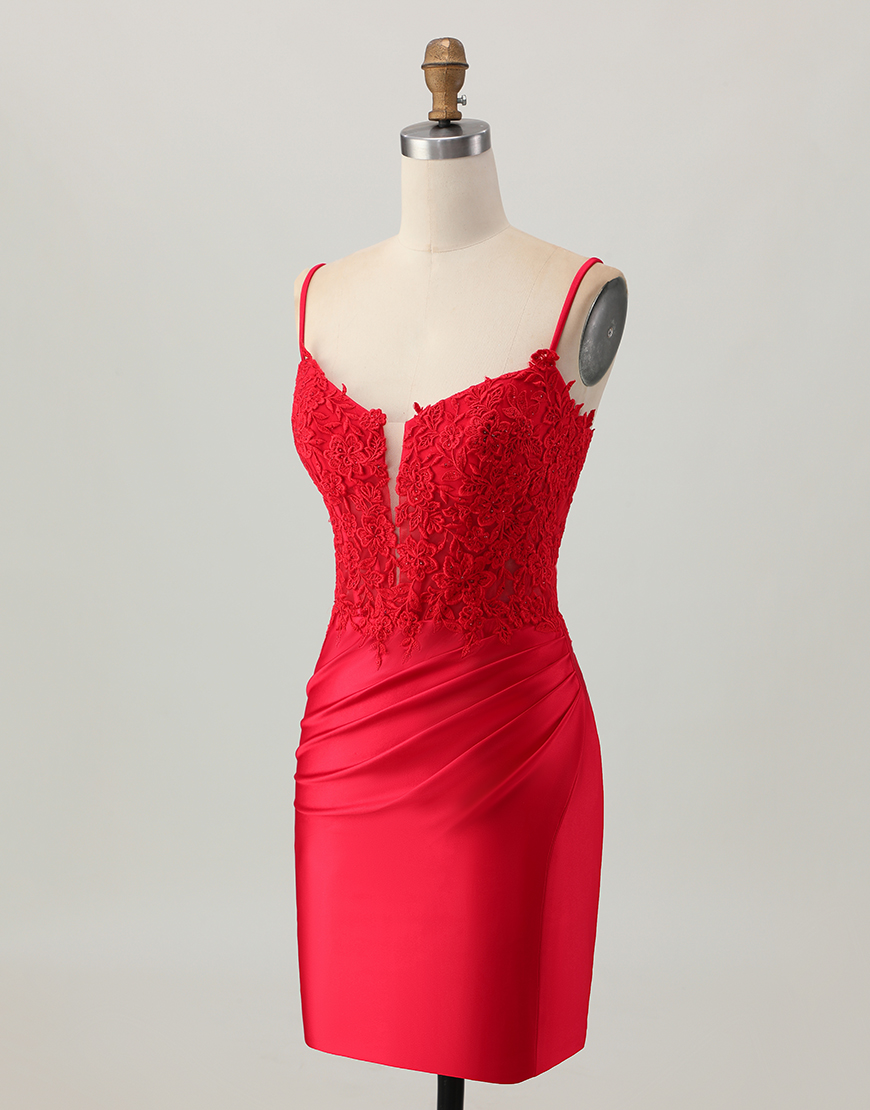 Dark Red Corset Short Satin Tight Homecoming Dress with Lace