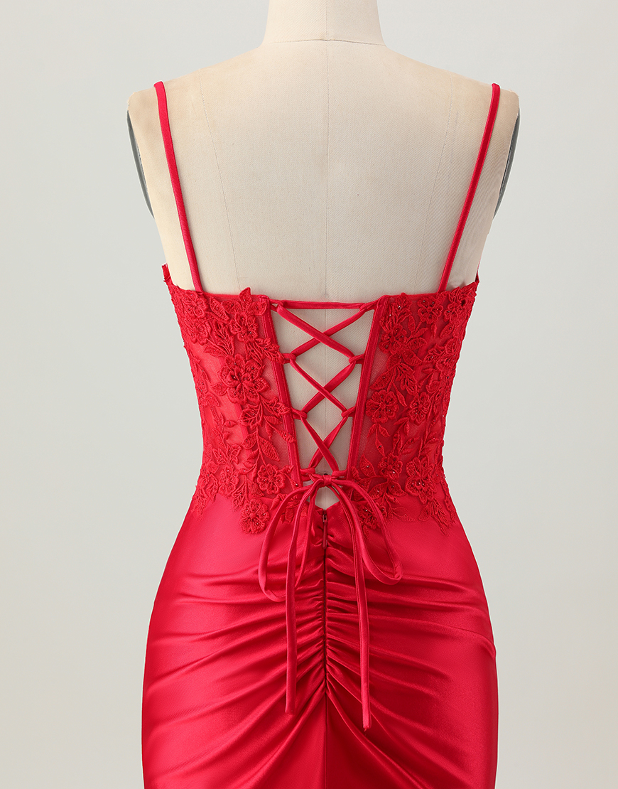 Dark Red Corset Short Satin Tight Homecoming Dress with Lace