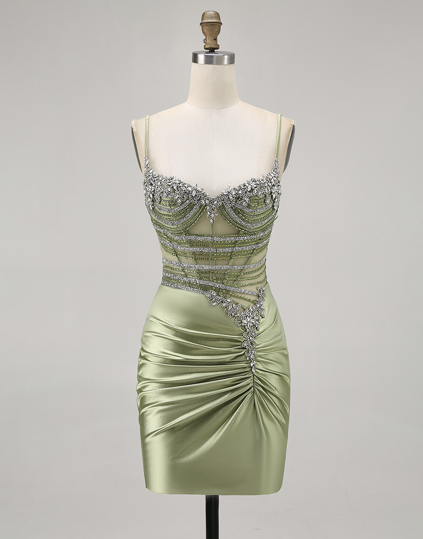 Sage Green Spaghetti Straps Satin Corset Short Homecoming Dress with Rhinestones