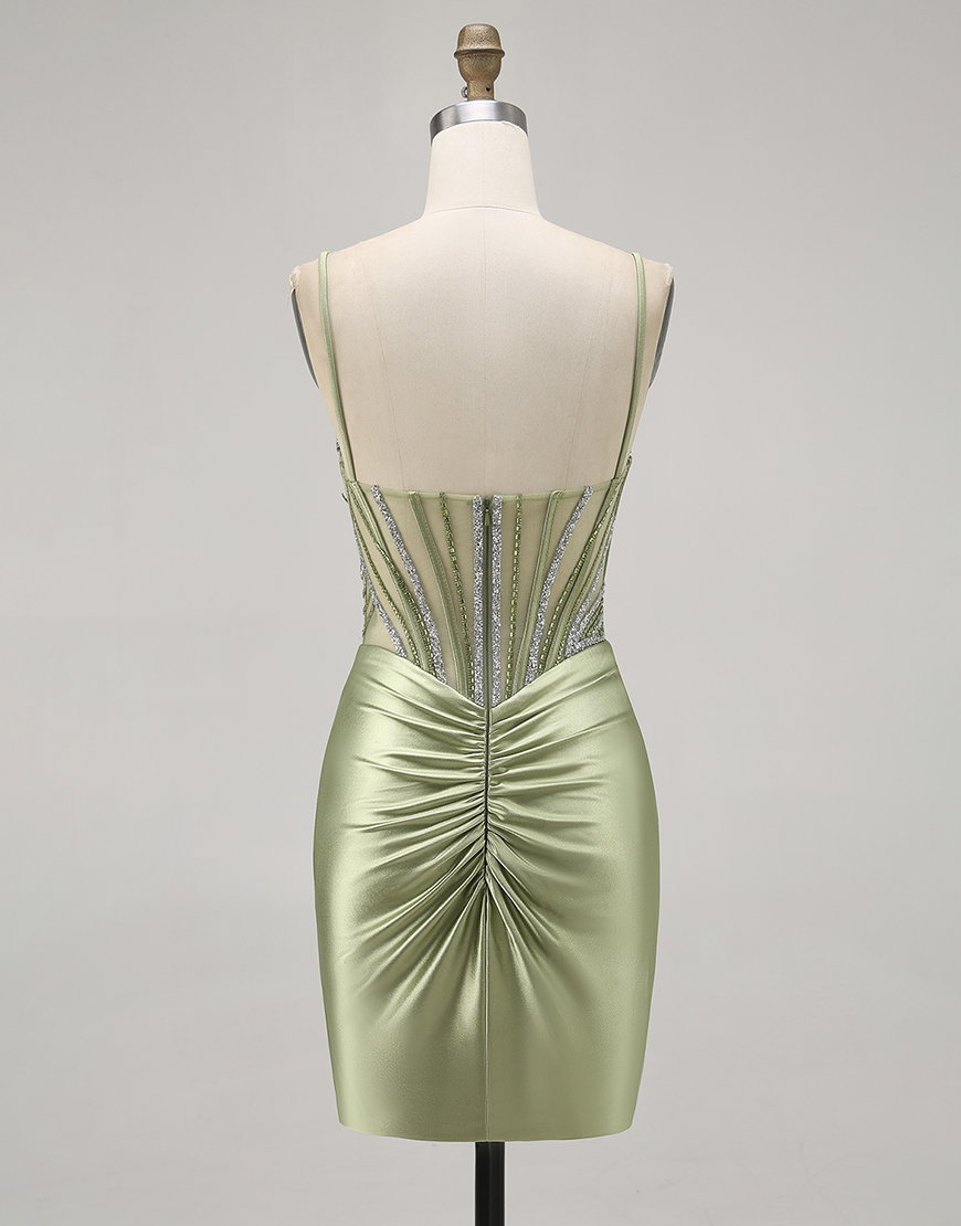 Sage Green Spaghetti Straps Satin Corset Short Homecoming Dress with Rhinestones