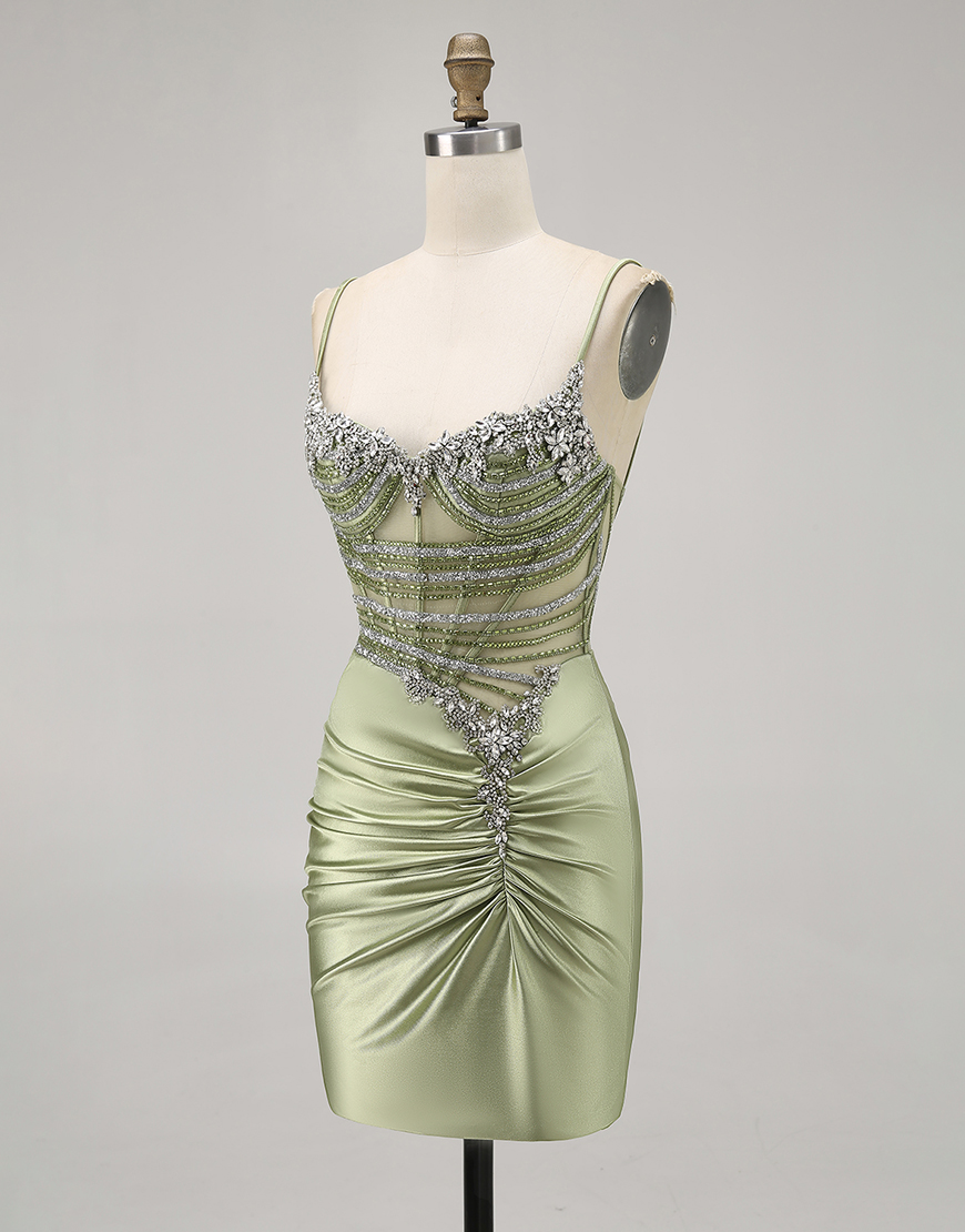 Sage Green Spaghetti Straps Satin Corset Short Homecoming Dress with Rhinestones