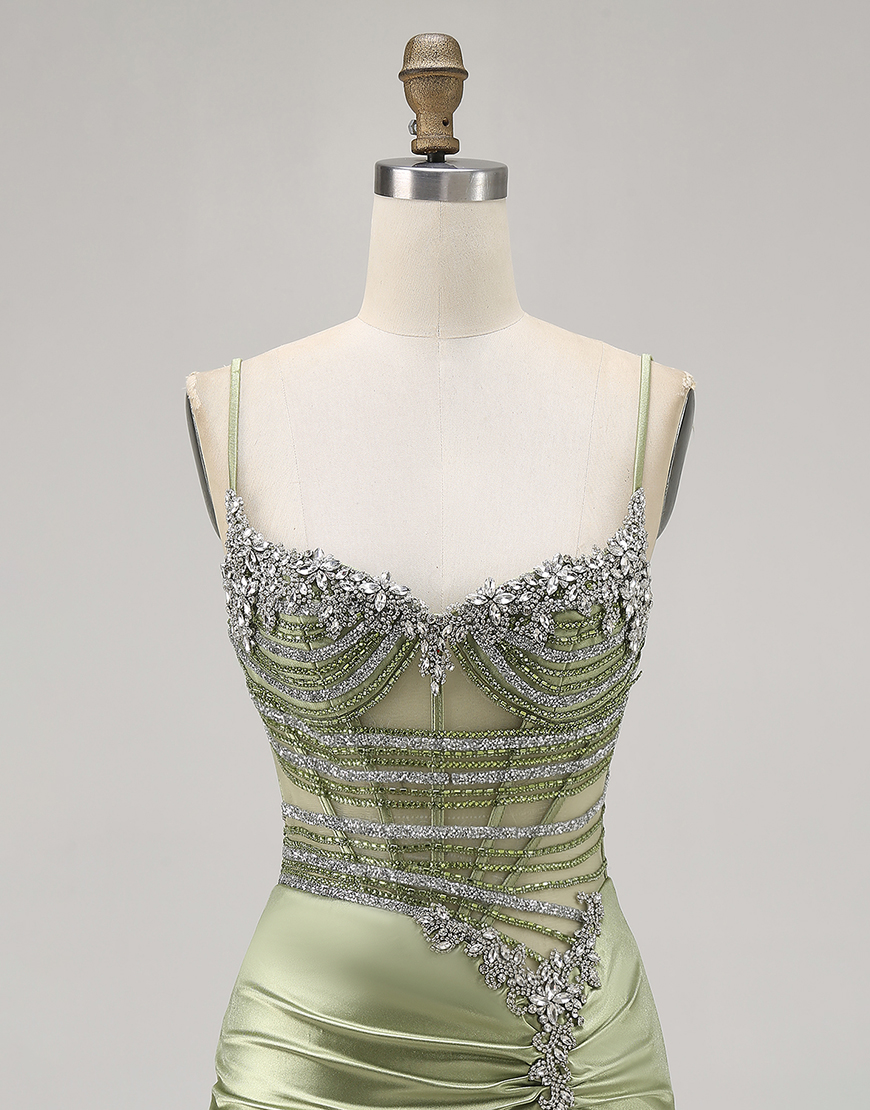 Sage Green Spaghetti Straps Satin Corset Short Homecoming Dress with Rhinestones