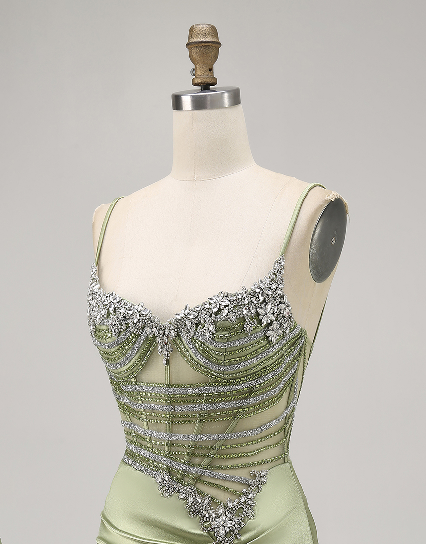 Sage Green Spaghetti Straps Satin Corset Short Homecoming Dress with Rhinestones