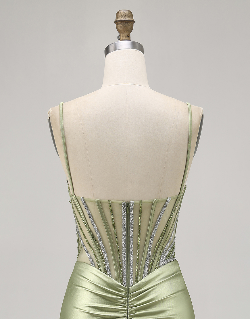 Sage Green Spaghetti Straps Satin Corset Short Homecoming Dress with Rhinestones