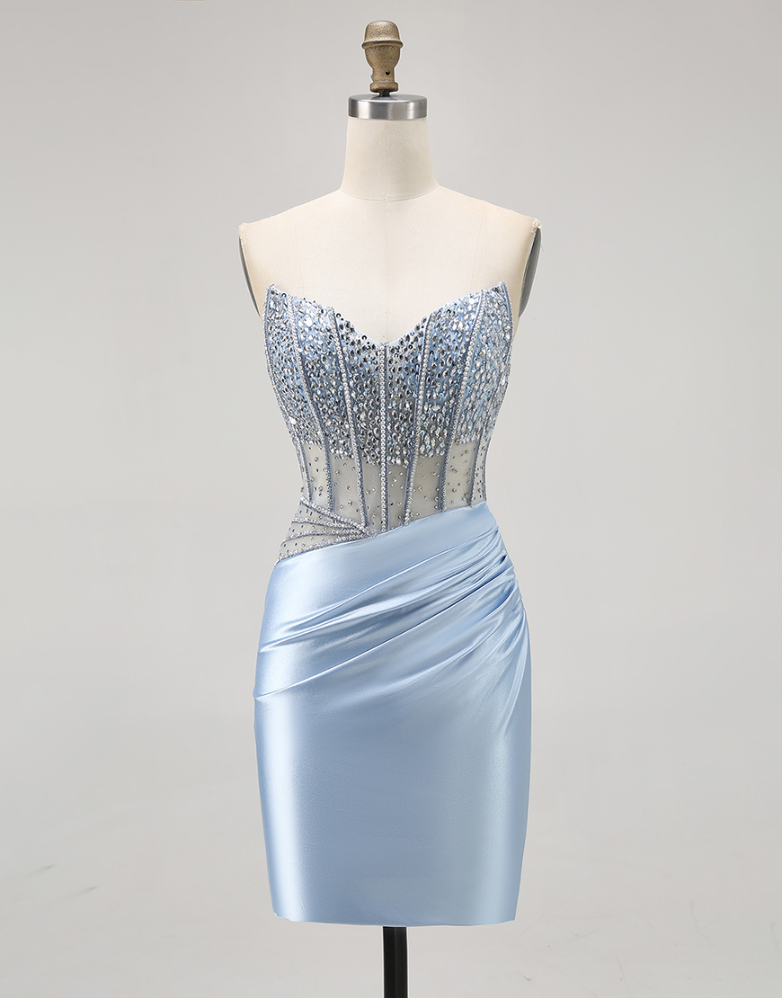 Glitter Light Blue Sweetheart Bodycon Corset Homecoming Dress with Beading