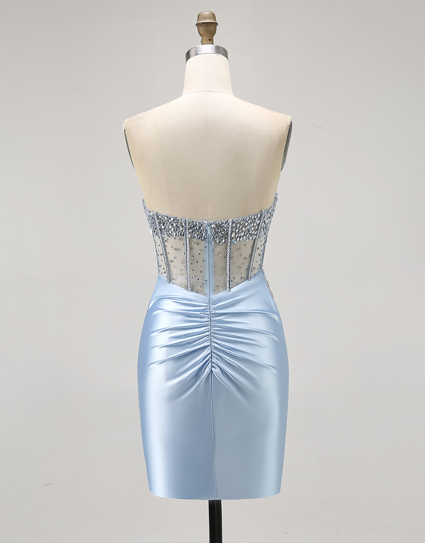 Glitter Light Blue Sweetheart Bodycon Corset Homecoming Dress with Beading