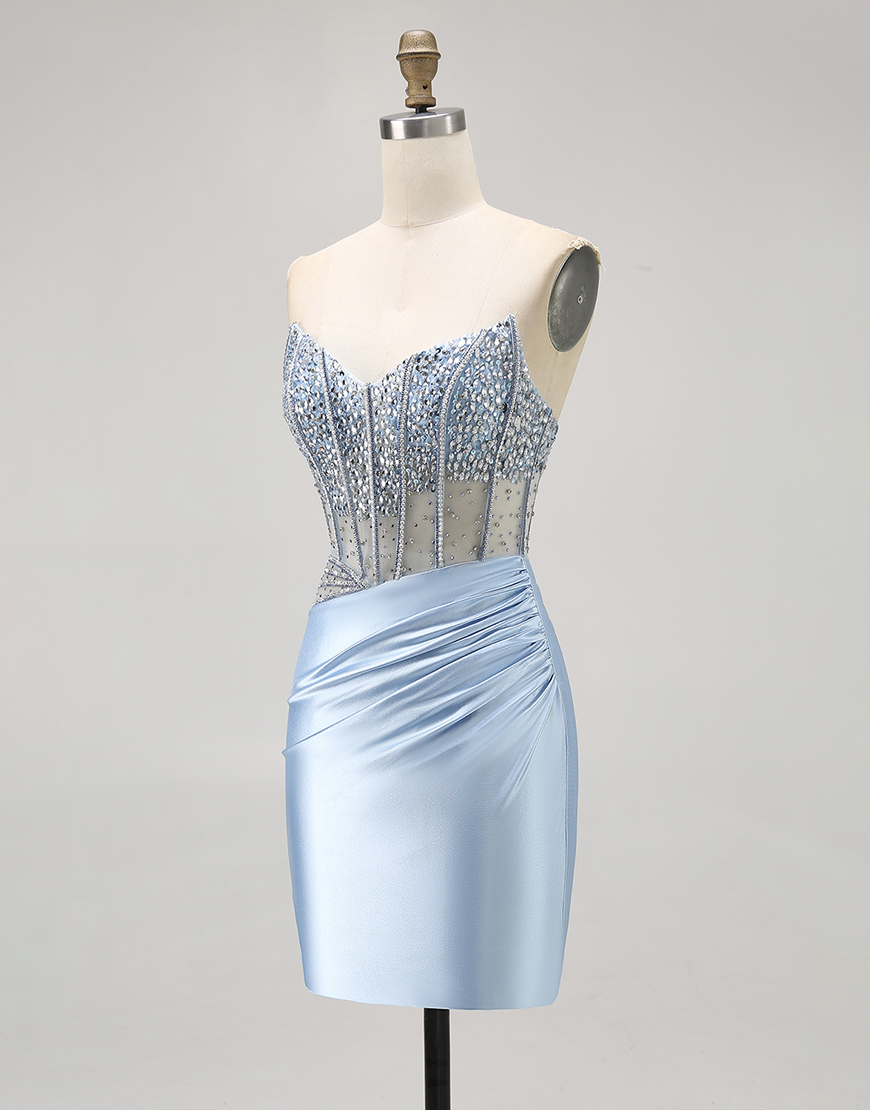 Glitter Light Blue Sweetheart Bodycon Corset Homecoming Dress with Beading