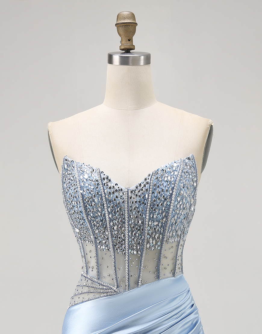 Glitter Light Blue Sweetheart Bodycon Corset Homecoming Dress with Beading