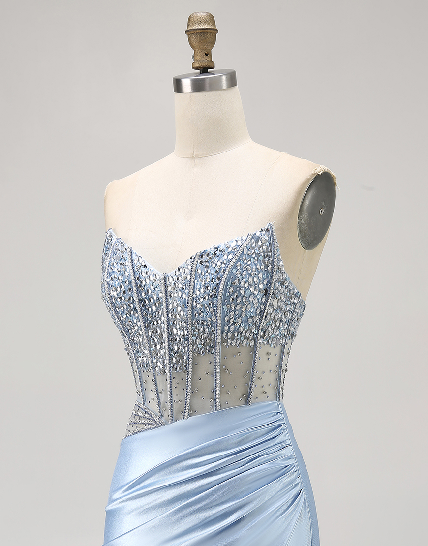 Glitter Light Blue Sweetheart Bodycon Corset Homecoming Dress with Beading