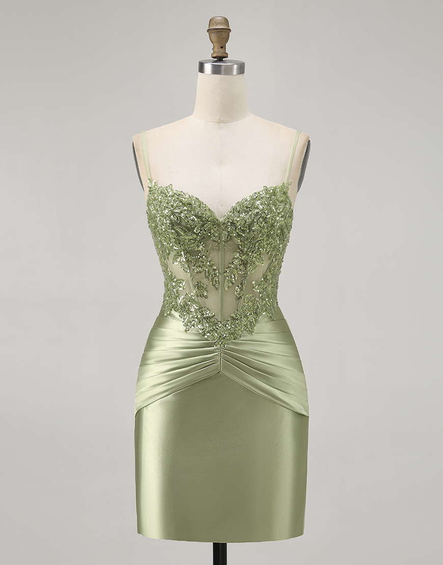 Sparkly Green Corset Tight Short Satin Homecoming Dress with Beading