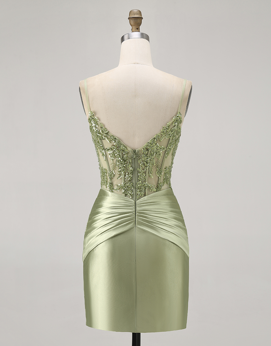 Sparkly Green Corset Tight Short Satin Homecoming Dress with Beading
