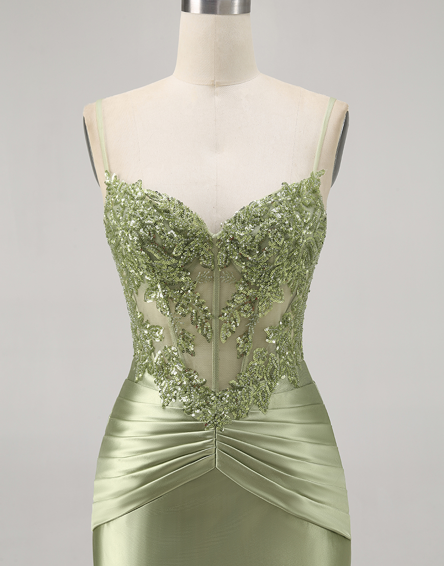 Sparkly Green Corset Tight Short Satin Homecoming Dress with Beading