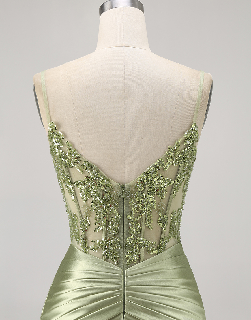 Sparkly Green Corset Tight Short Satin Homecoming Dress with Beading