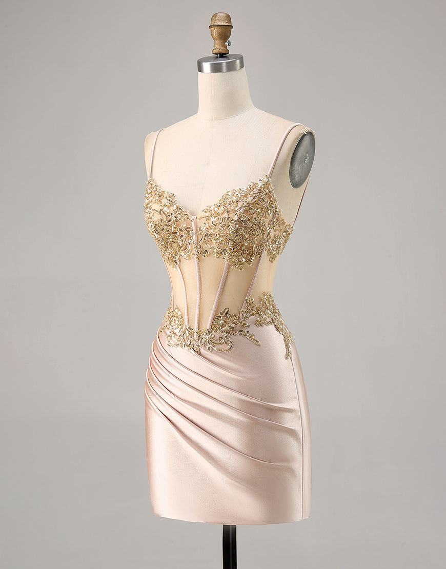 Sparkly Champagne Tight Corset Short Homecoming Dress with Lace
