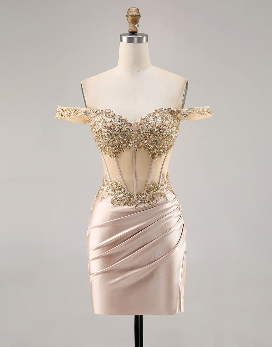 Sparkly Champagne Corset Ruched Satin Short Homecoming Dress with Lace