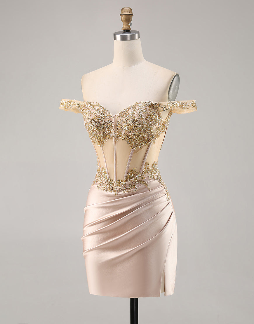 Sparkly Champagne Corset Ruched Satin Short Homecoming Dress with Lace