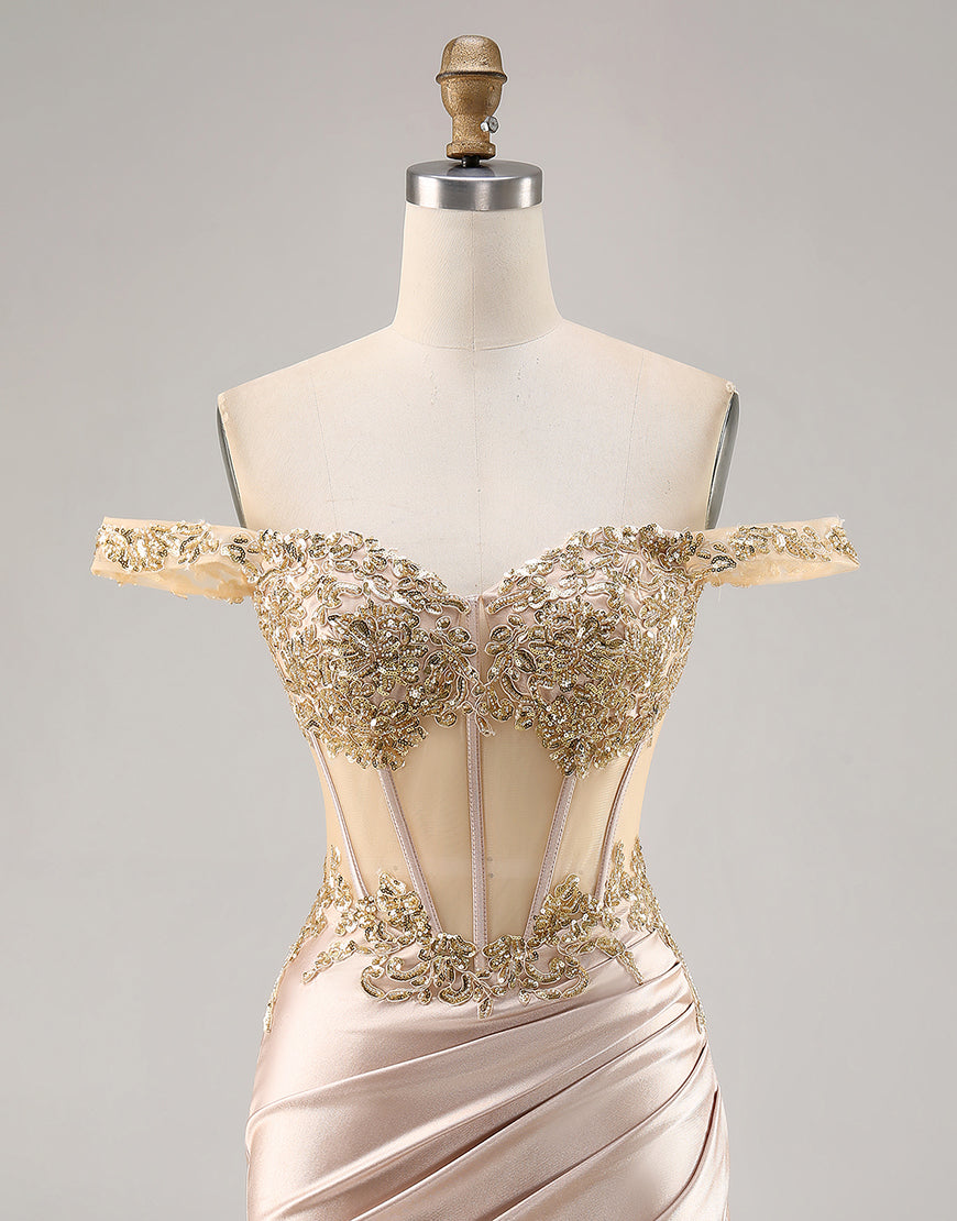Sparkly Champagne Corset Ruched Satin Short Homecoming Dress with Lace