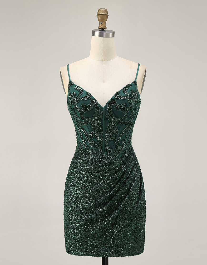 Sparkly Dark Green Sequins V-Neck Short Corset Homecoming Dress