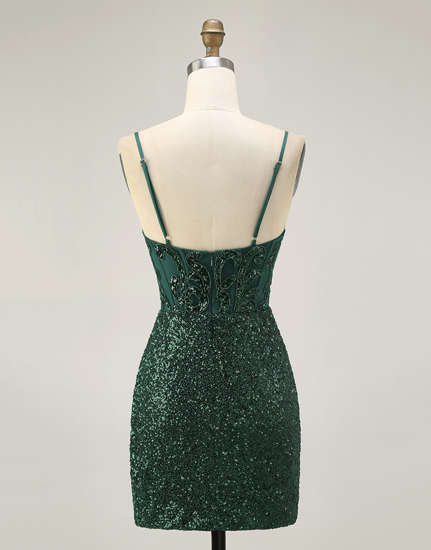 Sparkly Dark Green Sequins V-Neck Short Corset Homecoming Dress