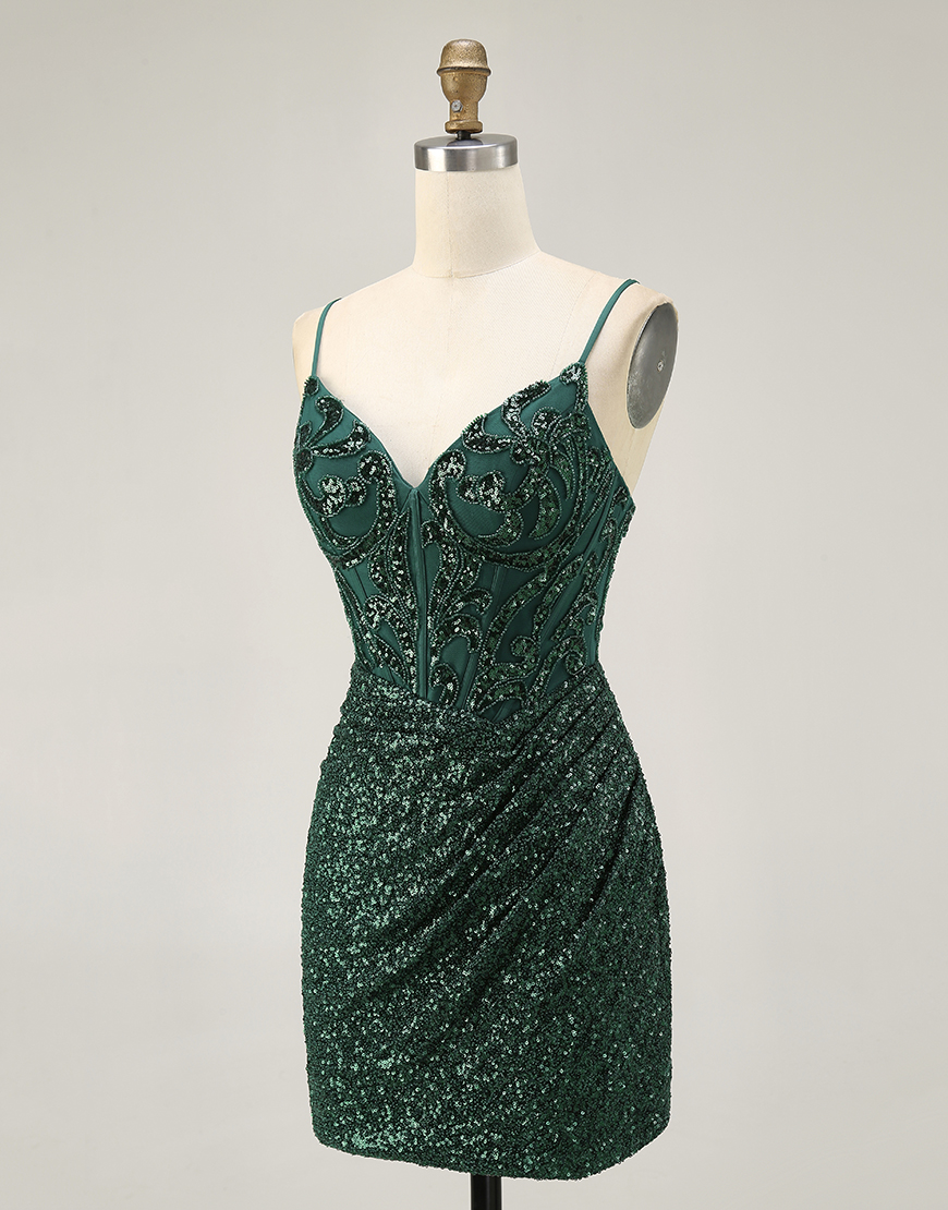 Sparkly Dark Green Sequins V-Neck Short Corset Homecoming Dress