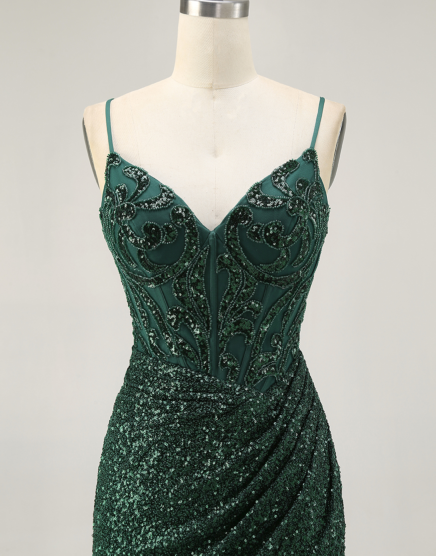 Sparkly Dark Green Sequins V-Neck Short Corset Homecoming Dress