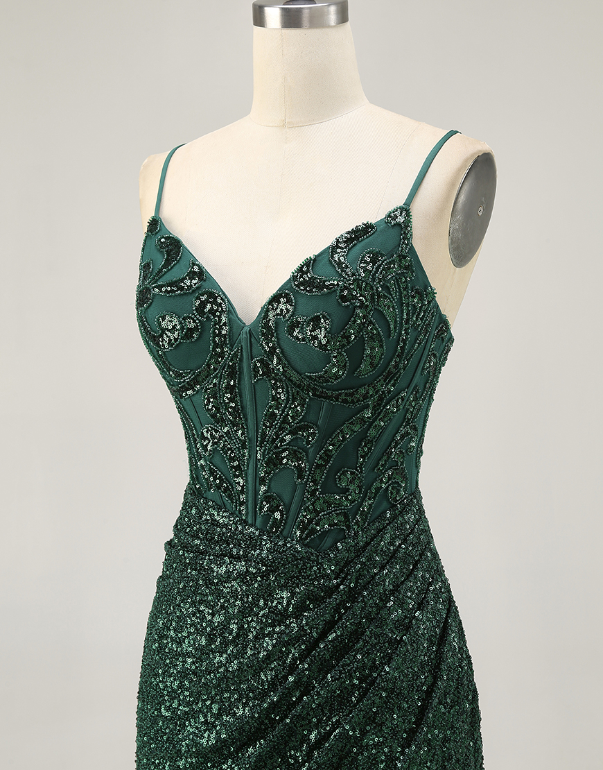 Sparkly Dark Green Sequins V-Neck Short Corset Homecoming Dress