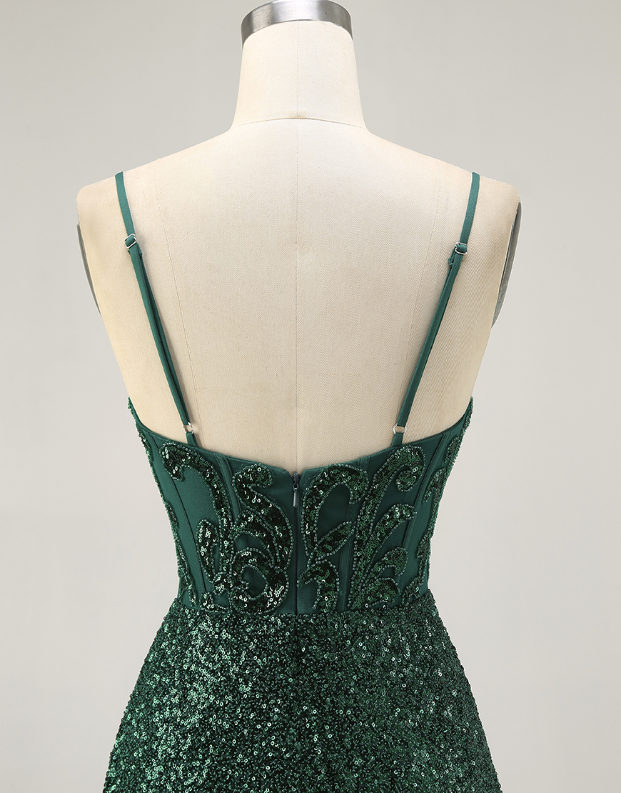 Sparkly Dark Green Sequins V-Neck Short Corset Homecoming Dress
