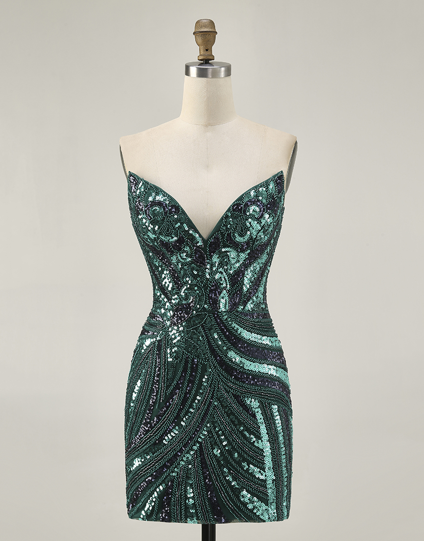 Sparkly Dark Green Sequin Tight Strapless Short Homecoming Dress