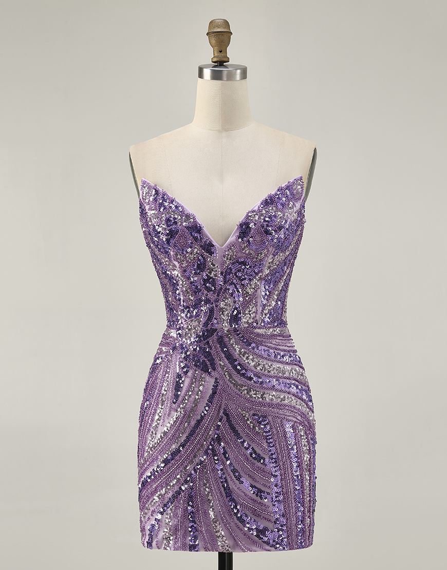 Sparkly Purple Sequin Strapless Bodycon Short Homecoming Dress