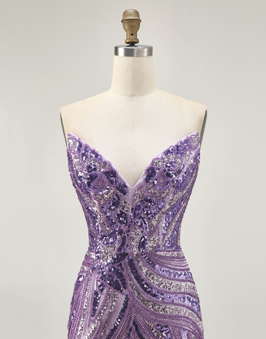 Sparkly Purple Sequin Strapless Bodycon Short Homecoming Dress
