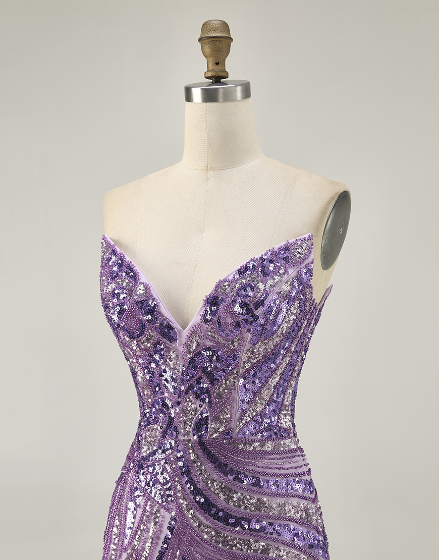 Sparkly Purple Sequin Strapless Bodycon Short Homecoming Dress