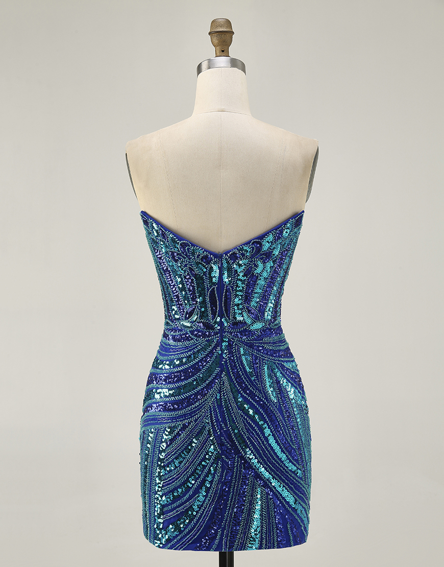 Sparkly Royal Blue Strapless Sequin Bodycon Short Homecoming Dress with Beading