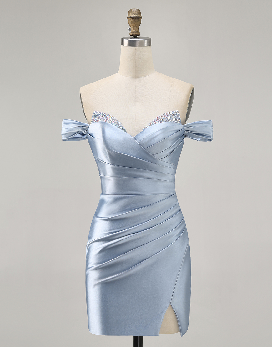 Grey Blue Satin Satin Off the Shoulder Short Homecoming Dress