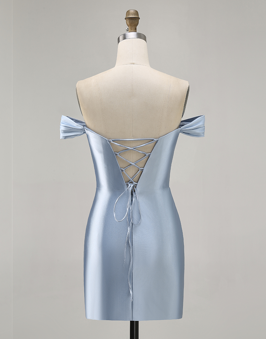 Grey Blue Satin Satin Off the Shoulder Short Homecoming Dress