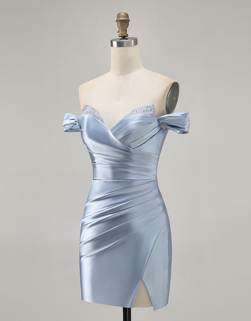 Grey Blue Satin Satin Off the Shoulder Short Homecoming Dress
