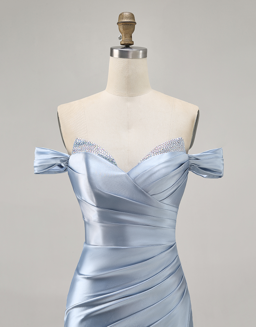 Grey Blue Satin Satin Off the Shoulder Short Homecoming Dress