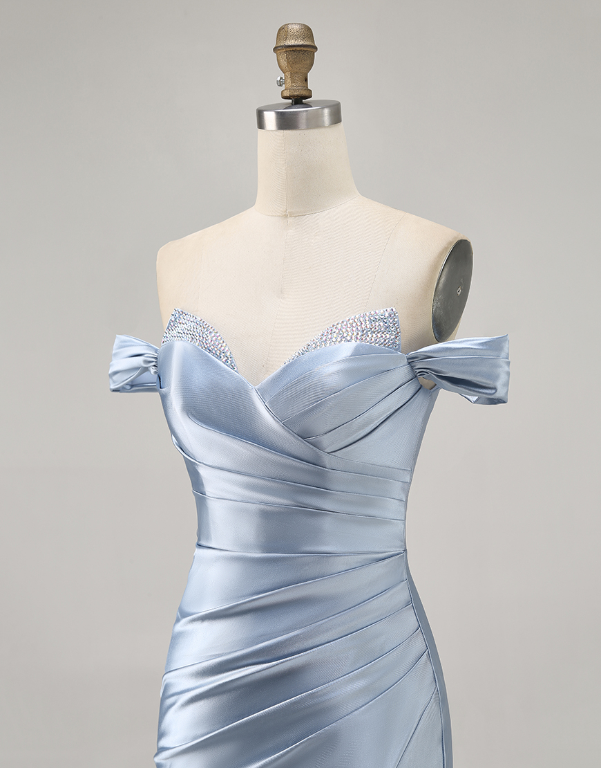 Grey Blue Satin Satin Off the Shoulder Short Homecoming Dress